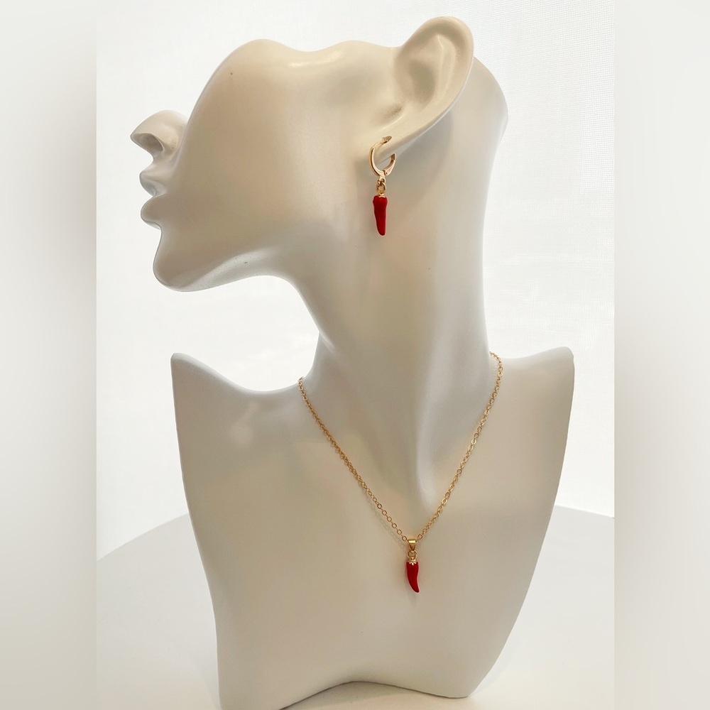 Red Hot Chili Pepper Charm Necklace and Earrings Set